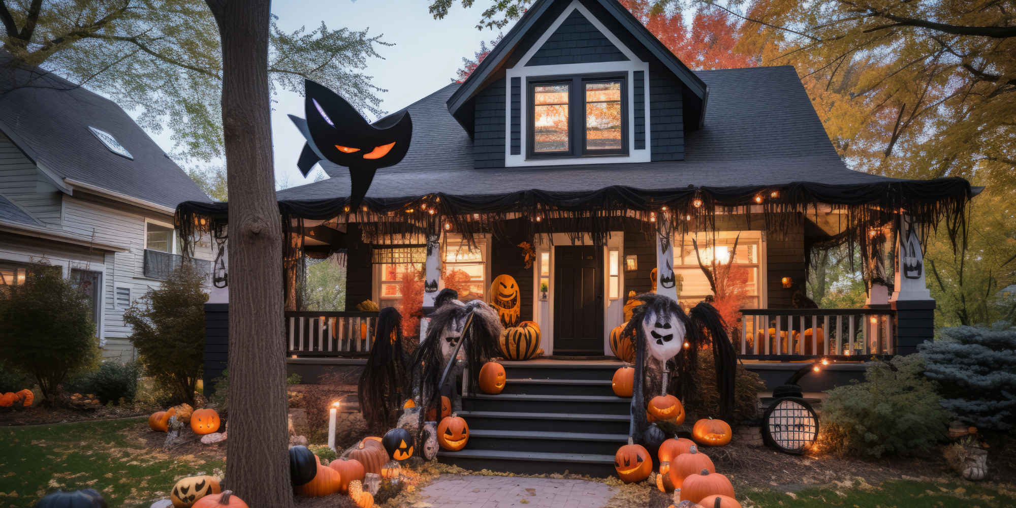 A clutter-free living room with organized Halloween decorations in storage bins, ready for holiday guests, with festive fall accents and a cozy, welcoming atmosphere.